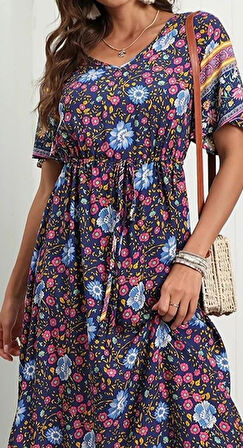 Kadın Kısa Kollu Beli Lastikli çiçek Desen Tam Boy Elbise