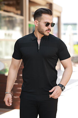 Erkek Göğüs Pirinç Desenli Fermuar Yakalı Kısa Kollu Tişört