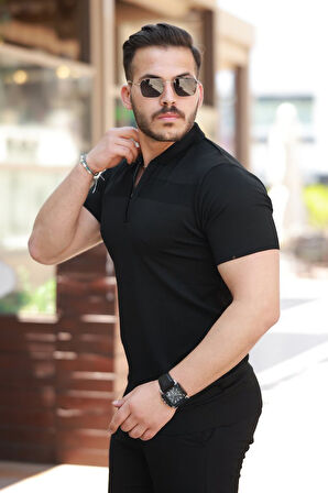 Erkek Göğüs Pirinç Desenli Fermuar Yakalı Kısa Kollu Tişört