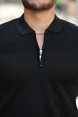 Erkek Göğüs Pirinç Desenli Fermuar Yakalı Kısa Kollu Tişört