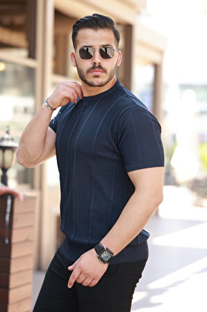 Erkek Desenli çizgi Kabartmalı Kısa Kollu Tişört