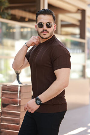 Erkek Desenli çizgi Kabartmalı Kısa Kollu Tişört