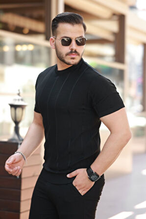 Erkek Desenli çizgi Kabartmalı Kısa Kollu Tişört