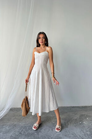 SİMLİ ÇİZGİLİ ASKILI ELBİSE MİDİ BOY - Kahverengi