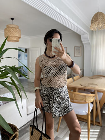 Kadın Askılı Yuvarlak Yaka Geometrik Desenli Triko Bluz