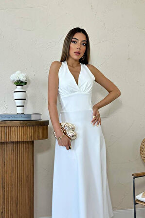 Ekru Atlas Göğüs Kuplu Elbise