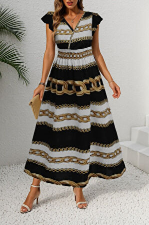 Kadın Kısa Kollu Kruvaze Yakalı Beli Lastikli Desenli Maksi Boy örme Krep Elbise