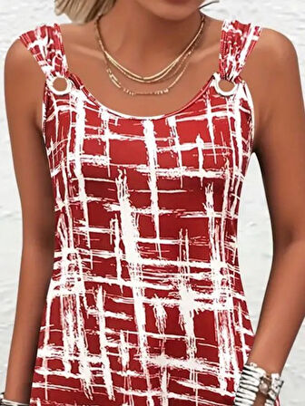 Kadın Askılı Kuş Gözü Detaylı Desenli Süprem Elbise