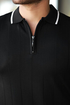 Erkek Fermuar Yakalı çizgi Dokulu Kısa Kollu Tişört