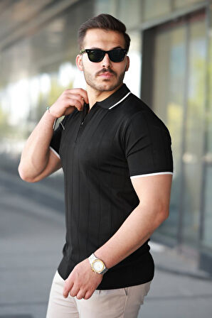 Erkek Fermuar Yakalı çizgi Dokulu Kısa Kollu Tişört