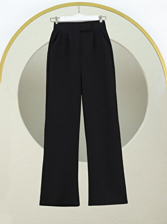 Cırtlı Fermuarlı Palazzo Pantolon -Siyah