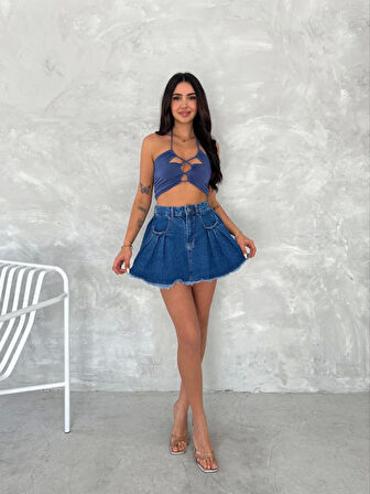 Şık Pileli Yazlık Mini Etekli Kot- Saks Mavisi