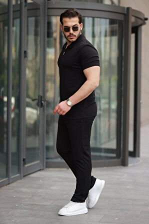 Erkek Kısa Kollu önden Fermuarlı Janjan Krep Bluz Ve Pantolon Ikili Takım