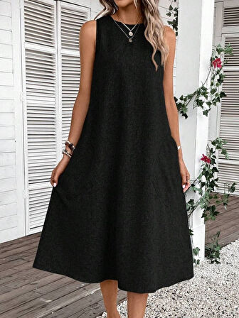 Kadın Kolsuz Bisiklet Yaka Cepli Midi Keten Elbise