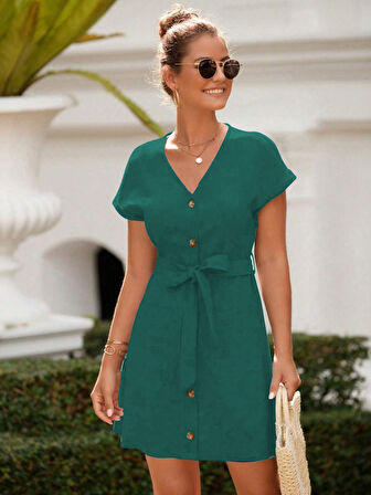 Kadın Kısa Kollu V Yakalı önden Düğmeli Belden Kuşaklı Cepli Sofya Elbise