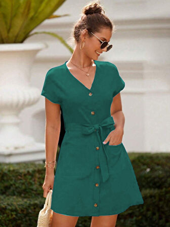 Kadın Kısa Kollu V Yakalı önden Düğmeli Belden Kuşaklı Cepli Sofya Elbise