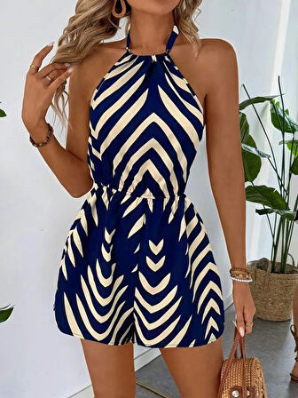 Kadın Boyundan Askılı Halter Yakalı Desenli Süprem Tulum