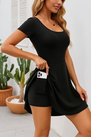 Kadın Kısa Kollu Kare Yaka Short Detaylı Cepli Dalgıç Elbise