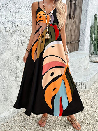 Kadın Ip Askılı V Yakalı Desenli Süprem Maxi Elbise