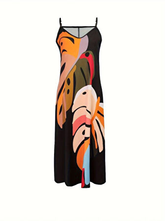 Kadın Ip Askılı V Yakalı Desenli Süprem Maxi Elbise