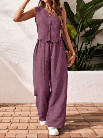 Kadın Sıfır Kollu Düğmeli Yelek Ve Pantolon Bürümcük Ikili Takım