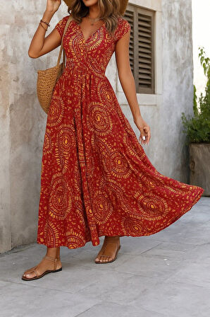 Kadın Kısa Yarasa Kanat Kollu V Yakalı Beli Büzgülü Süprem Elbise