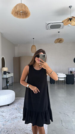 Kadın Bisiklet Yaka Eteği Volanlı Bürümcük Elbise