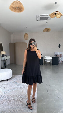 Kadın Bisiklet Yaka Eteği Volanlı Bürümcük Elbise