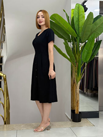 Kadın Kısa Kollu V Yakalı önden Düğmeli A Kesim Dokuma Elbise