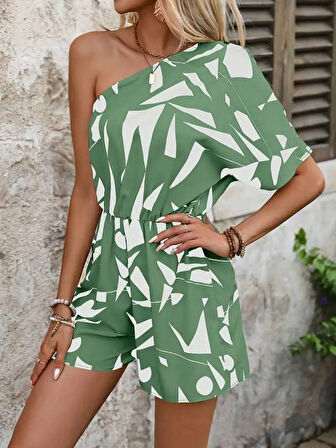 Kadın Tek Omuzdan Açık Beli Lastikli Desenli Süprem Tulum