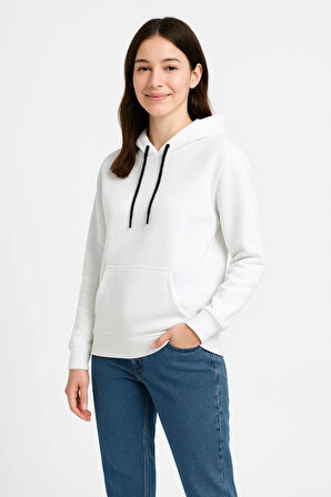 Üç İplik Kapüşonlu Kanguru Çepli SweatShirt Hoodie - Beyaz