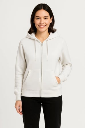 Üç İplik Kapüşonlu Tam Fermuarlı Kanguru Çepli SweatShirt Hoodie - Beyaz