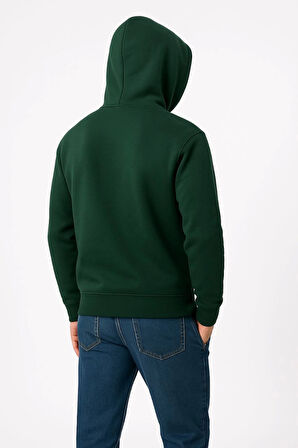 Erkek Üç İplik Kapüşonlu Kanguru Cepli SweatShirt Hoodie - Haki