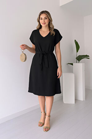 Kadın Kısa Kollu V Yakalı Beli Kuşaklı Ithal Keten Elbise