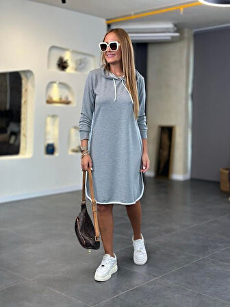 Kadın Uzun Kollu Kapüşon Ve Ribana Detay Diz üstü Elbise