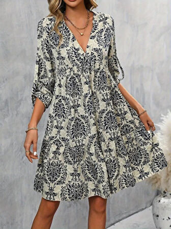 Kadın Uzun Kollu V Yakalı Fırfırlı Mini Süprem Elbise