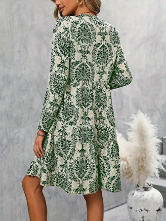 Kadın Uzun Kollu V Yakalı Fırfırlı Mini Süprem Elbise