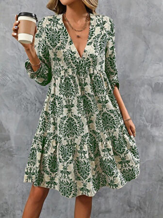 Kadın Uzun Kollu V Yakalı Fırfırlı Mini Süprem Elbise