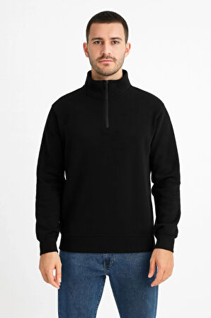 Erkek Dik Yaka Sweatshirt Dik Yaka Yarım Fermuarlı 3 İplik Şardonlu Pamuk Kumaş - Siyah