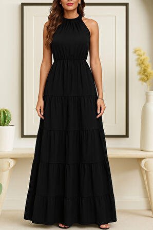 Kadın Kolsuz Halter Yaka Beli Lastiklidesenli Mikro Elbise