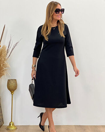 Kadın Uzun Truvakar Kol Bisiklet Yaka Midi Modal Elbise