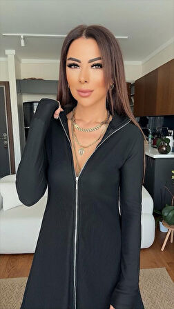 Kadın Uzun Kollu Hakim Yaka Ayarlanabilir Fermuar Dekolteli Mini Elbise