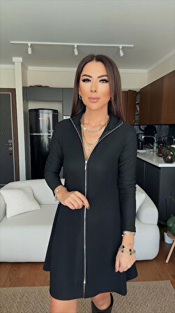 Kadın Uzun Kollu Hakim Yaka Ayarlanabilir Fermuar Dekolteli Mini Elbise