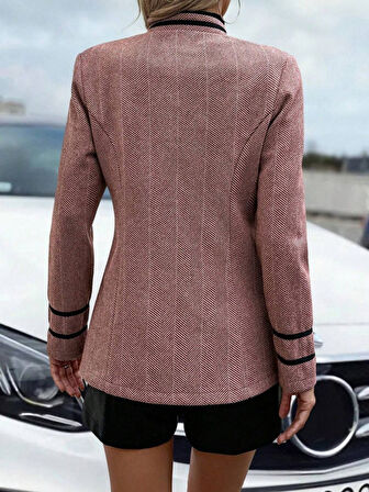 Kadın Uzun Kollu Hakim Yaka Düğme Detaylı Mini Dokuma Ceket