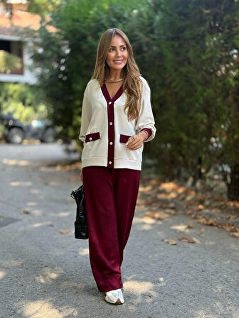 Kadın Uzun Kollu Ribanali Cep Detay Hırka Ve Bol Paça Pantolon Ikili Takım