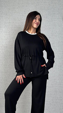 Kadın Uzun Kollu Yaka Ve Büzgü Detay Tunik Ve Pantolon Ikili Takım