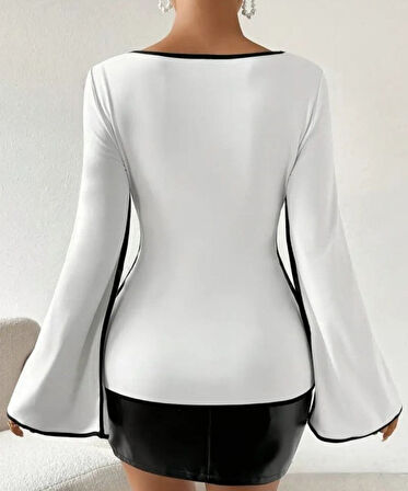 Kadın U Yaka Siyah şerit Detyalı Yarasa Kol Dalgıç Kumaş Arabiyeli Bluz