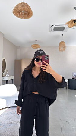 Kadın Flamlı Keten Tek Cep Oversızed Gömlek