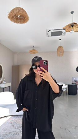 Kadın Flamlı Keten Tek Cep Oversızed Gömlek