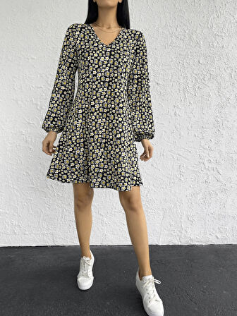 Kadın Uzun Kollu V Yaka çiçek Desenli Helen Kumaş Elbise